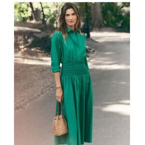 Ann Taylor Green Poplin Midi Dress Smocked Waist Pockets Preppy Size 4